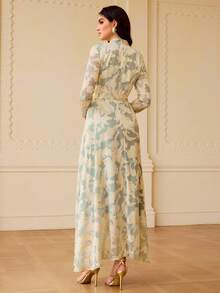 ZEYLAH Women's Mandarin Collar Jacquard Waist Tie Design Elegant Waist Cinched Dress, Suitable For Dates And Parties - Green - View 3