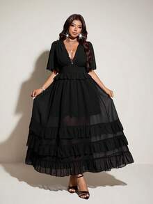 Viva Relle Spring, Summer, Fall New Vacation Elegant Chiffon Design V-Neck Ruffle Sleeve Irregular Hem Dress, Waist Cinched Flared Skirt Princess Sundress - Black - View 4