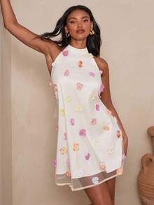 Enchnt 女士3D立体花卉装饰露背时尚约会派对迷你连衣裙 - 米色 - 查看 6