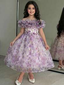 SHEIN Vestido informal de gasa con volantes en el bajo y estampado floral pequeño para niña preadolescente - Azul - Ver 5