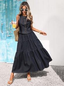 Vivid Eden Women's Round Neck Single-Breasted Casual Everyday Denim Top - Dark Wash - View 1