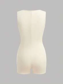Girlism Bộ đồ liền thân 3 mảnh cho bé gái tuổi teen, kiểu dáng tối giản, màu trơn, cổ vuông, không tay, phong cách thể thao thường ngày ôm sát. - màu nâu - Xem 4