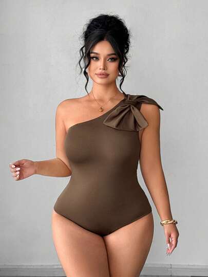 Elenzga Plus Size Elegant Sexy Off-Shoulder Bowknot Decor Bodysuit, Slimming For Outing, Party