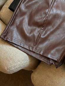 Franclia Fashionable Refined PU Leather Cinched Waist Women Shorts - Brown - View 4