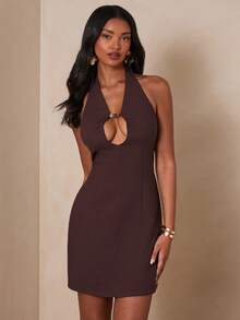 Enchnt 女士纯色露背吊带收腰优雅短款派对连衣裙 - 巧克力棕 - 查看 5