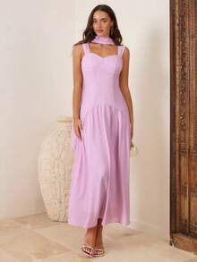 Enchnt Đầm chiffon xòe không dây vai, kèm thắt lưng, kiểu dáng dự tiệc. - Màu Lilac Tím - Xem 3