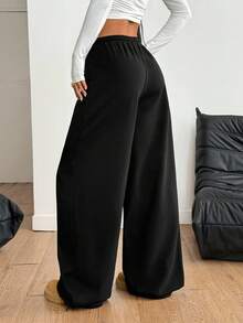 Coolane 女士豹纹字母抽绳腰宽松休闲运动裤 - 黑色 - 查看 8