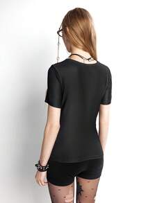 Bloopia 女士长袖针织美式复古条纹印花修身时尚性感T恤 - 黑色 - 查看 2