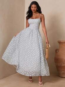 Enchnt Women's Elegant Grey Plaid Summer Cottage Core Brunch Sleeveless Dress, Chic Sweet Blue Plaid Beach Long Vacation Outfits Bridal Shower Guest - Blue - View 3
