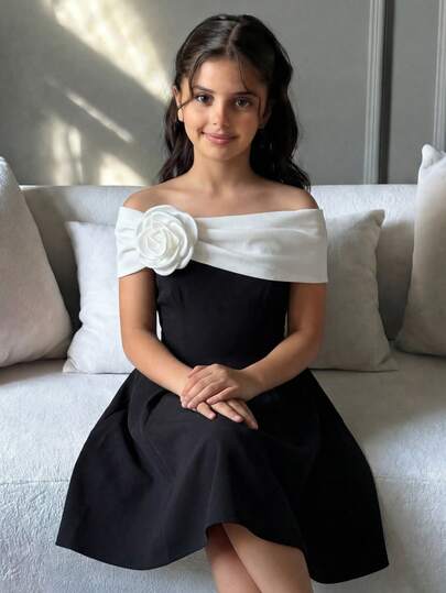 SHEIN Vestido mini con hombros descubiertos y lazo contrastante para niña preadolescente, color negro, adecuado para volver al colegio, vestidos de otoño, vestidos de graduación, casual, apropiado para fiestas, bodas, eventos de jardín, ir de compras, cumpleaños, bailes y damas de honor