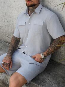 VENTUSAIL Men's Mature Vacation Linen Shirt Top With Dual Pockets & Shorts Set - Light Grey - View 5