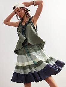 Bohemela Casual Solid Color Woven Ruffle Trim Loose Camisole For Women - Green - View 1