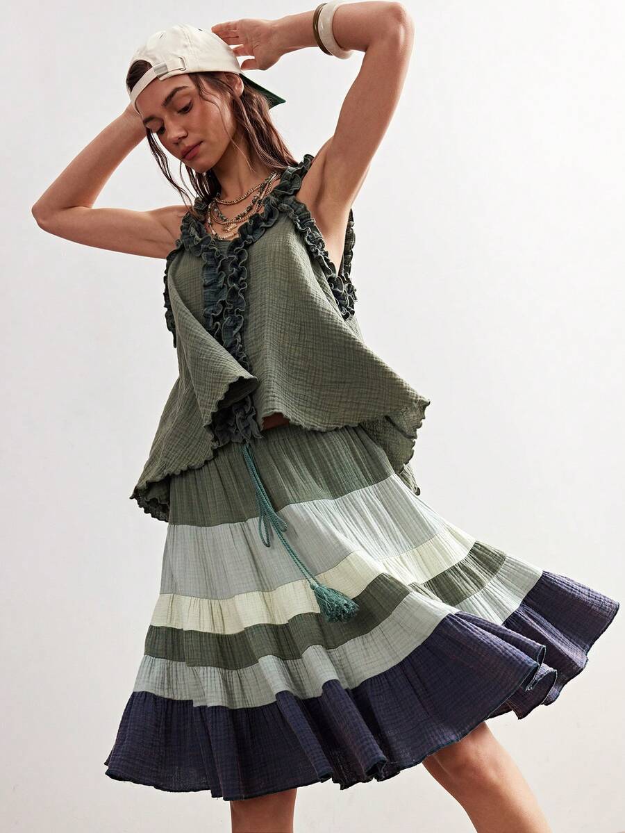 Bohemela Casual Solid Color Woven Ruffle Trim Loose Camisole For Women - Green - View 1