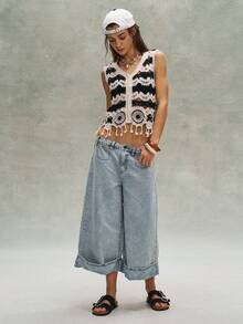 Bohemela Asymmetrical Tassel Knit Vest, Crochet Lace Embroidery Retro Cardigan, Hollow Out Summer Holiday Top - Black - View 7