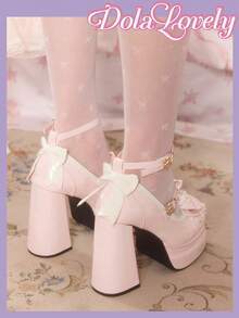 Dola Lovely 女士粉色厚底水滴形玛丽珍高跟鞋，洛丽塔风格，哥特风格，JK风格 - 粉色皮面 - 查看 6