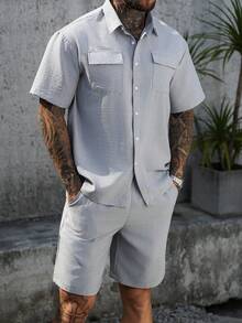 VENTUSAIL Men's Mature Vacation Linen Shirt Top With Dual Pockets & Shorts Set - Light Grey - View 3