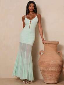 Enchnt Spring/Summer Romantic Women's Light Green Beaded Decor Spaghetti Strap Mermaid Long Dress,Sweet&Elegant For Vacation&Date&Holiday&Going Out,Spring Outfit Women - Mist Green - View 6