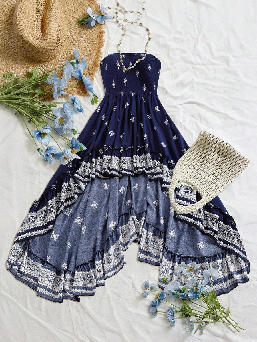 Sweetra Đầm ống kiểu Bohemian in hoa xếp ly dành cho nữ, thích hợp cho kỳ nghỉ, hẹn hò hoặc buổi tối. - Màu xanh hải quân - Xem 1