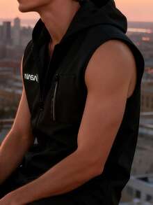 Manfinity Homme Men's Casual Letter Print Zip-Up Hooded Vest For Summer - Black - View 3