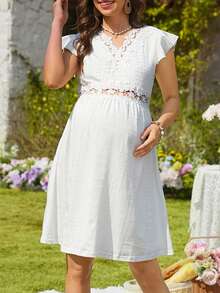 SHEIN Maternity Fashion Jacquard Patchwork Lace Trim Knit Dress - White - View 3