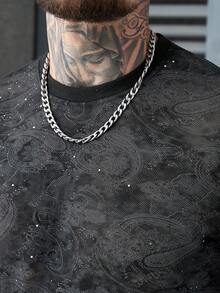 SLATEMANN 男士圆领短袖T恤，镂空网眼面料，佩斯利印花，亮面材质，宽松版型，弹力面料。男士网眼上衣，男士蕾丝衬衫，男士网眼衬衫，纹身衬衫，男士佩斯利T恤，复古风格，适合日常休闲、周末旅行、户外活动、探险旅行、轻松的工作环境或半正式场合，可作为男友/丈夫礼物、周年纪念/生日礼物、派对、暑假、婚礼、春夏穿着。 - 黑色 - 查看 4