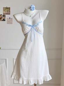 Comfortcana Đầm ngắn hai dây thời trang trang trí nơ dành cho nữ - trắng - Xem 3