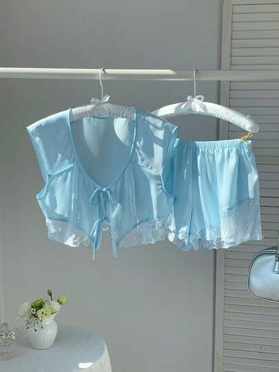 Comfortcana 2 piezas Conjunto casual de blusa con detalle de encaje y lazo en el frente, y shorts para mujer