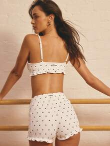 Aralina Leisurewear Active Women's 2pcs Polka Dot Printed Ruffle Frill Detail Crop Top And Short Gym Workout Two Pieces Set - Black and White - View 2