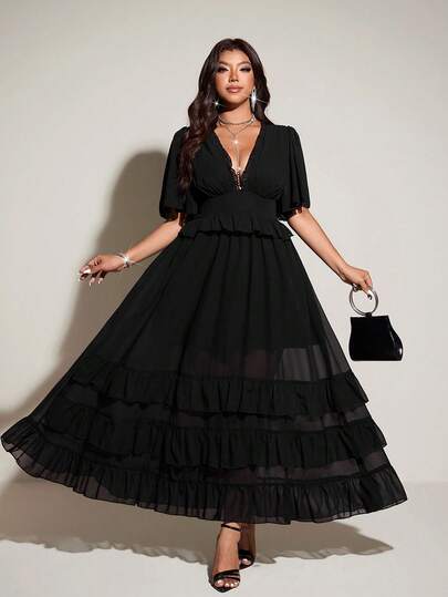 Viva Relle Spring, Summer, Fall New Vacation Elegant Chiffon Design V-Neck Ruffle Sleeve Irregular Hem Dress, Waist Cinched Flared Skirt Princess Sundress