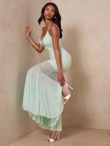 Enchnt Spring/Summer Romantic Women's Light Green Beaded Decor Spaghetti Strap Mermaid Long Dress,Sweet&Elegant For Vacation&Date&Holiday&Going Out,Spring Outfit Women - Mist Green - View 5