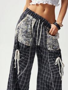 Bohemela Women's Casual Woven Striped Loose Drawstring Pants - Black - View 3