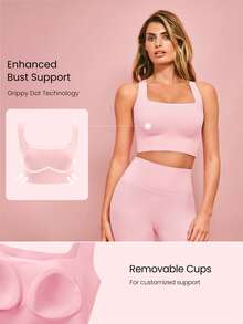 GLOWMODE 重置 A/B/C 杯方领镂空运动文胸 防摩擦粘合轻度支撑 低强度运动 瑜伽 日常健身 秋冬 - 粉色 - 查看 3