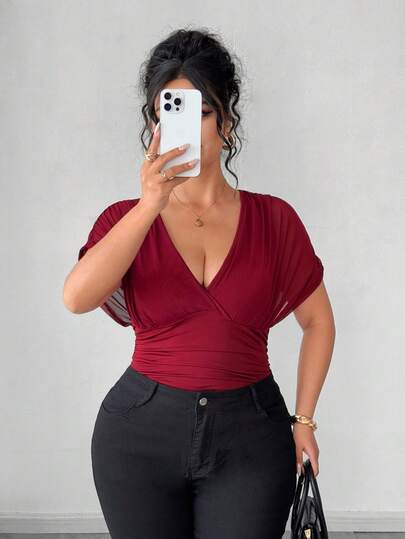 Elenzga Plus Size Elegant V-Neck Sheer Mesh Patchwork Batwing Sleeve Bodysuit, Suitable For Outing, Party, Gathering