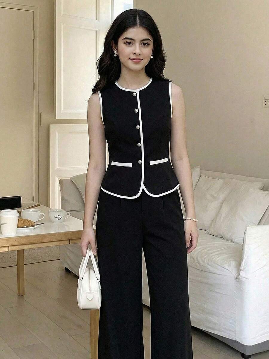 Girlism 少女无袖上衣和裤子套装，白色珍珠纽扣，优雅复古风黑色两件套裤装，全套黑色西装女裤套装 - 黑與白 - 查看 1