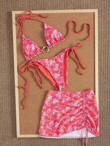 Swim Vcay Set de costume de baie pentru femei, cu imprimeu floral graffiti, decor metalic, dulce și elegant, 26ss, cu șireturi, stil resort, pentru petrecere pe plajă, format din 3 piese, costume de baie din trei piese, costum de baie din trei piese, set de costume de baie pentru plajă, set de costume de baie din trei piese, cu imprimeu tropical - Multicolor - Vizualizare 5