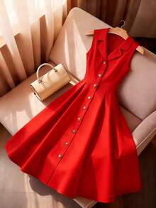 Franclia 优雅领口饰有纽扣，收腰A字无袖女式连衣裙 - 紅色 - 查看 4
