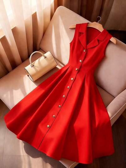 Franclia 优雅领口饰有纽扣，收腰A字无袖女式连衣裙