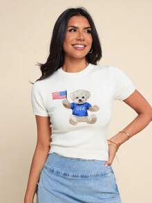 Coeurva 女士小熊图案圆领短袖针织上衣 - 杏色 - 查看 6