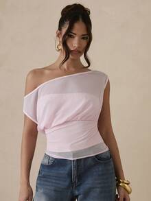 SHEIN Glamour 时尚网眼拼接设计双面无袖T恤，女士百搭夏季款 - 粉色 - 查看 5