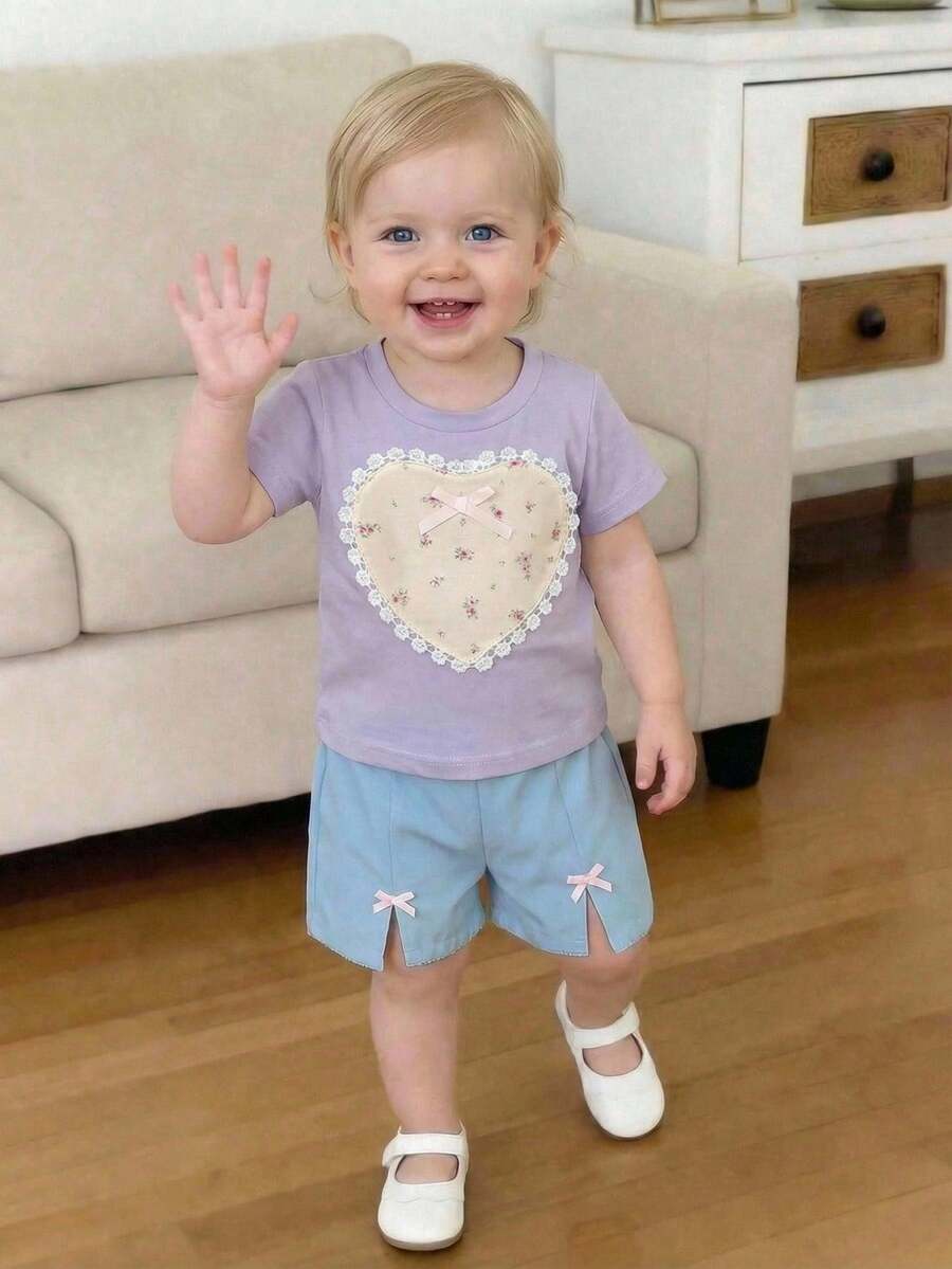 Souflis Souflis 2件組女嬰可愛花卉愛心印花上衣配蝴蝶結設計與裙子套裝,春/夏 - 彩色 - 查看 1