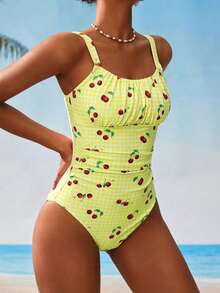 Swim Mod Women's Plaid Cherry Print Fashion Spaghetti Strap One-Piece Swimsuit, Vacation - Light Yellow - View 3
