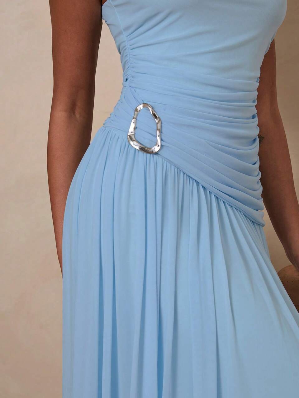 Enchnt Women's Light Blue Summer Elegant Date Long Dress, Pleated Metal Decor Waist Cinched Beach Party,Sweet&Elegant For Vacation&Wedding&Holiday
