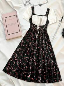 Sweetra Plus Size Sweet French Style Ditsy Floral 2 In 1 Short Sleeve Dress - Black - View 1