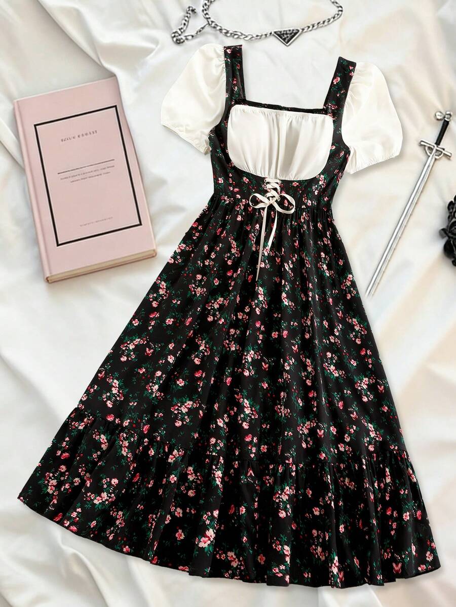 Sweetra Plus Size Sweet French Style Ditsy Floral 2 In 1 Short Sleeve Dress - Black - View 1