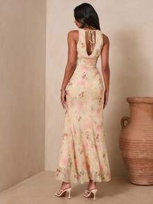 Enchnt 深V领刺绣修身连衣裙，浪漫夏日度假装 - 杏色 - 查看 5