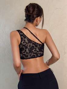 Glamine New Black Embroidered Knit Sexy Simple Basic Summer Cropped One Shoulder Top,Valentine'S Day - Black - View 2
