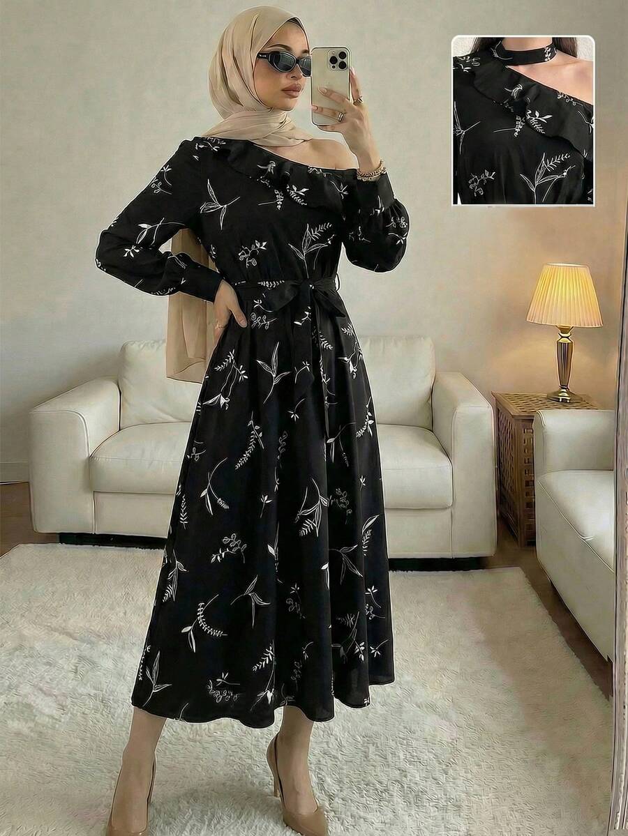 Modelyn Women's Asymmetrical Neckline Plant Print Long Sleeve Dress Maxi Women Outfit Dress Modest French Style Dress Long Sleeve Elegant Dress Floral Dress Women Elegant - Black - View 1