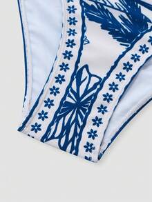 Swim Oasis Plus Size Summer Vacation Tropical Plant Print One-Piece Swimsuit And Sarong Skirt Set - Blue and White - View 3