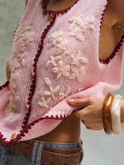 Bohemela 女士3D立体花卉装饰单排扣休闲针织背心