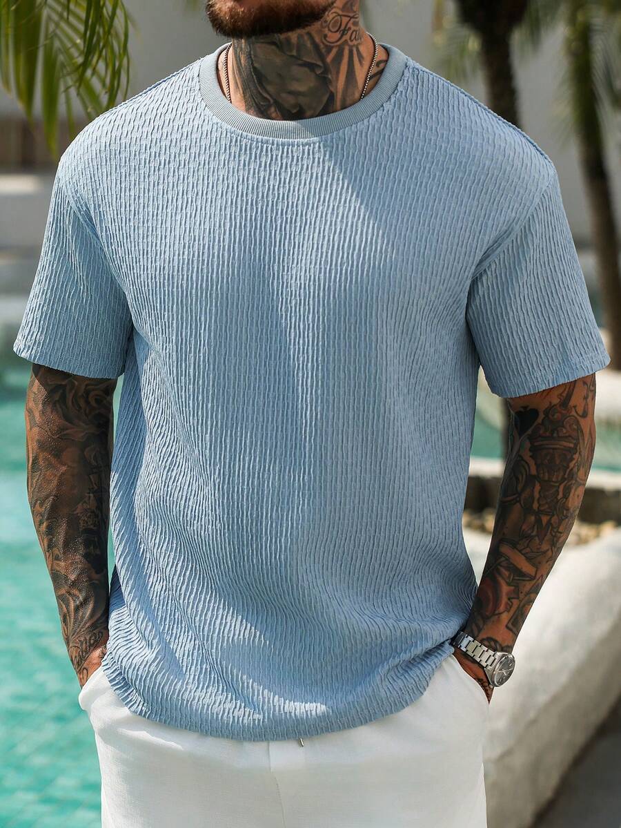 Manfinity RSRT Men's Blue Textured Pleated Mature T-Shirt, Spring/Summer - Blue - View 1